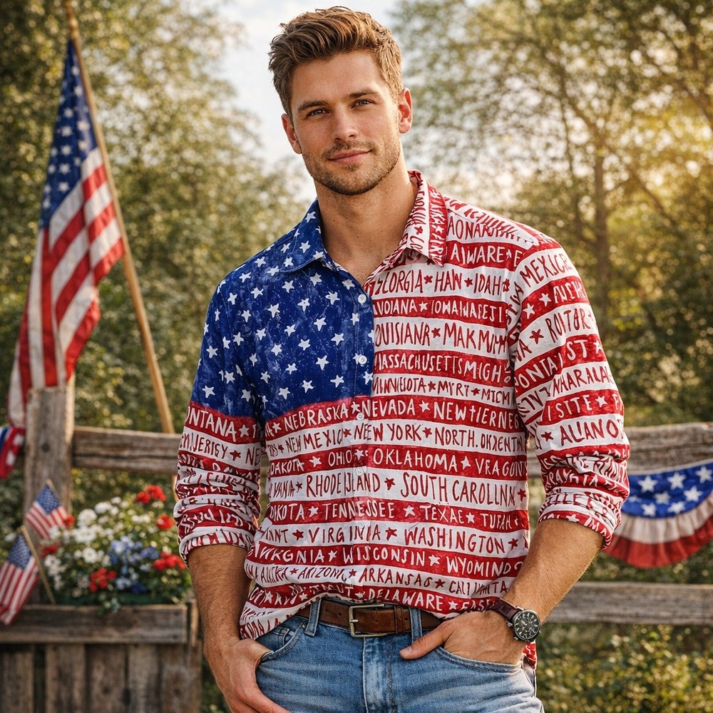 Mens 2XL USA Flag All States Patriotic Button‎ Up Shirt Long Sleeve Casual